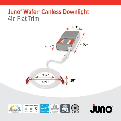 Juno 4-Inch Round Baffle Wafer LED Recessed Lights 5-in-1 CCT, 6 Pack - Flat Trim Remodel