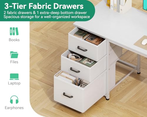 AODK 51 Inch White Computer Desk with Storage Drawers & USB Power Outlets