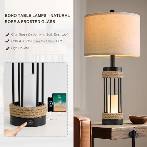 OYEARS Farmhouse Black 25" Set of 2 Table Lamps with Night Light & USB-C Charging Ports