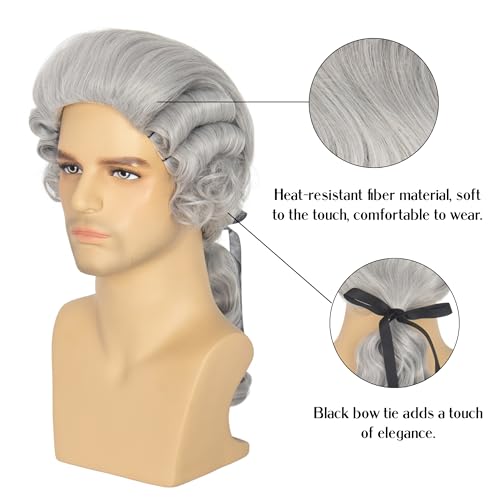 Silver Grey Colonial Wigs for Men Long Curly Cosplay Halloween Costume