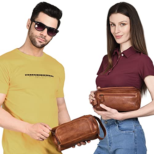 Premium Handmade Leather Toiletry Bags for Men and Women, Genuine Leather Dopp Kit and Shaving Bag for Men, Travel Cosmetic Bag for Women's and Men's, Retro - Cognac