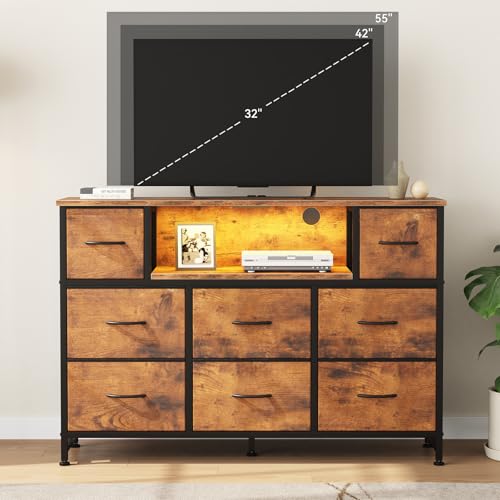 Brown LED TV Stand with Charging Station and 8 Fabric Drawers - 47.2 Inch