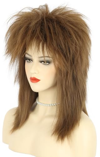 Long Curly Brown Wig with Necklace for Cosplay 70s 80s Rocker Style