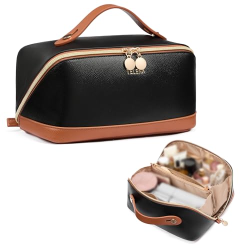 Travel Makeup Bag Large Capacity Waterproof Leather Organizer with Handle - Black & Brown Variation