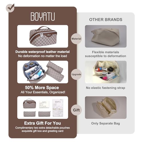 BOYATU Travel Makeup Bag Cosmetic Bags for Women: Large Make up Bags Set of 3 - Portable Makeup Organizer with Compartments&Handle&Divider - Waterproof PU Leather Toiletry Bag(C-1-Light Brown)