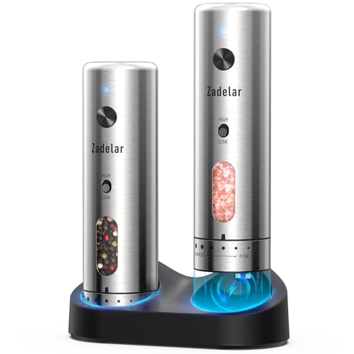 Rechargeable Salt and Pepper Grinder Set - Variable Speed Silver with 6-Level Visible Coarseness Adjustment