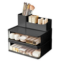 DASITON Makeup Organizer for Vanity with 2 Drawers, Stackable Cosmetic Organizer with Makeup Brush Holder, Plastic Bathroom Organizer Skincare Storage for Brushes, Eyeshadow, Lotions, Lipstick (Black)