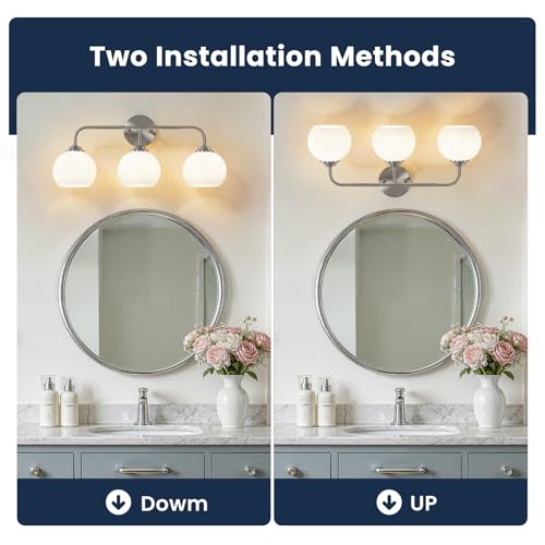 Bathroom Vanity Light Fixtures 3-Light Brushed Nickel Over Mirror with Frosted Glass Shade - Nickel / 3 Light
