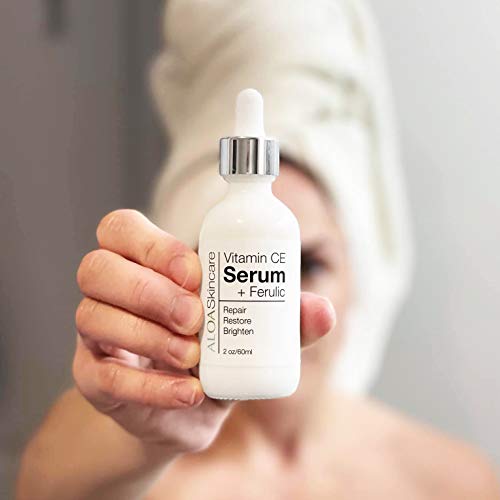 ALOA Skincare Vitamin CE Serum + Ferulic with Hyaluronic Acid, 2oz. Anti Aging, Firming & Brightening Serum for Face