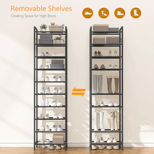 Usikey 10-Tier Narrow Metal Shoe Rack - 17.9 x 11 x 69.2 Inches Black, Space-Saving Vertical Shoe Organizer with Hooks