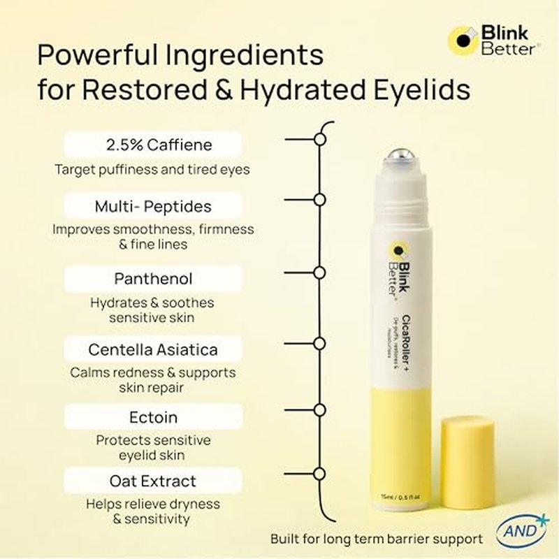 CicaRoller+ Depuffing Eye Roller Serum for Eyelids and Under Eyes ? Cooling Rollerball with 2.5% Caffeine, Peptides, Cica & Panthenol, Hydrates, Soothes and Smooths Puffy Eyes, 15 ml