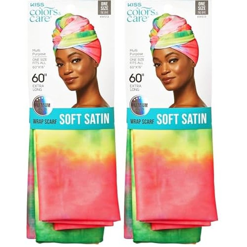 KISS COLORS & CARE Soft Satin Wrap Scarf - Tie Dye, Fashionable Multi-Purpose, Premium Hair Scarf for Minimizing Frizz, Chic & Comfortable, Preventing Breakage & Securing a Variety of Hair Styles