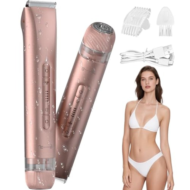 2-in-1 Bikini Trimmer for Women ? Dual-Head Electric Razor, IPX7 Waterproof Wet & Dry, Pubic Hair Trimmer & Body Shaver, LED Battery Bars, USB-C Rechargeable ? X6 Satin Rose Gold