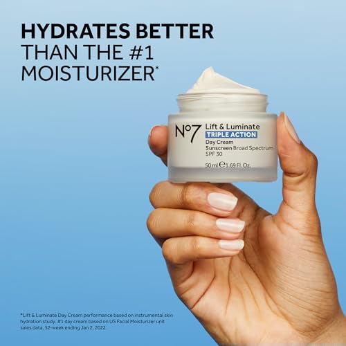 No7 Lift & Luminate SPF 30 Day Face Cream with Hyaluronic Acid & Vitamin C - Anti-Aging Hydrating Moisturizer, Suitable for Sensitive Skin - 1.69 Fl Oz