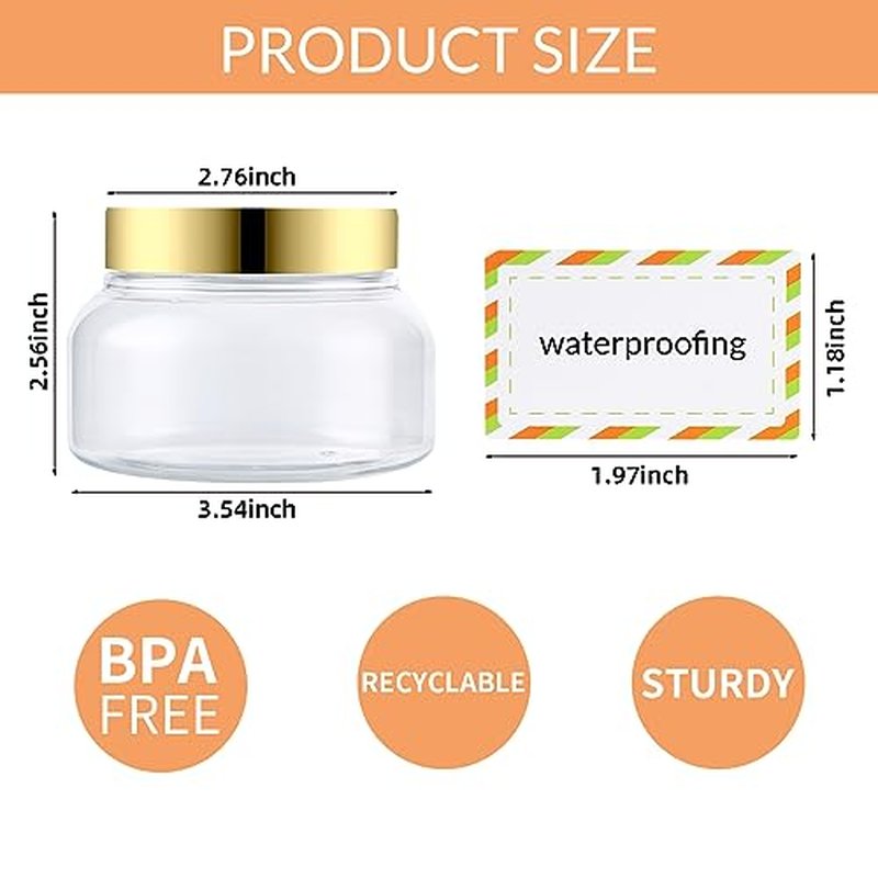 48 Pack 8 Oz Plastic Containers With Lids and Waterproof Label BPA Free - Refillable Transparent Cosmetic Containers for Body Butter,Sugar Scrubs,Cream,Lotions,Candy,Bath Salt (48, Gold)