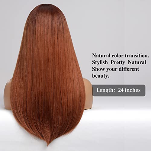 Auburn Long Straight Synthetic Wig with Bangs for Women - Heat-Resistant, Natural Look, 26 Inches