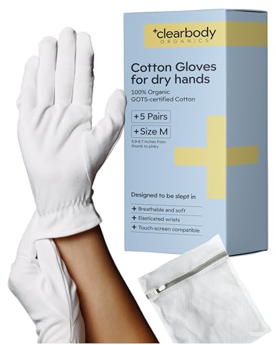 Clearbody Organics Medium White Cotton Sleeping Gloves for Dry Hands, 5-Pack