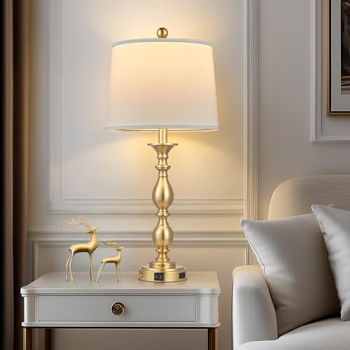 Gold 2 Pack Modern Table Lamps with USB Ports & AC Outlet - 3-Way Touch Bedside Lamps for Bedroom & Living Room