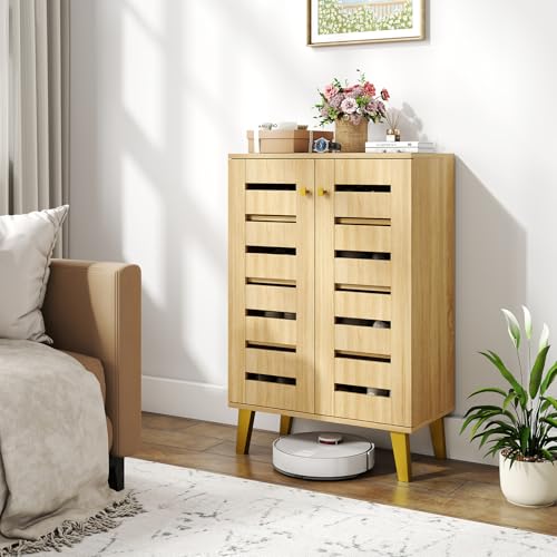 GIANTEX Shoe Cabinet with Doors - Slatted Door Modern Wooden Narrow Shoe Storage