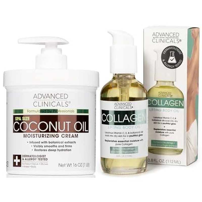 Advanced Clinicals Coconut Oil Moisturizing Cream + Collagen Lifting Body Oil Set