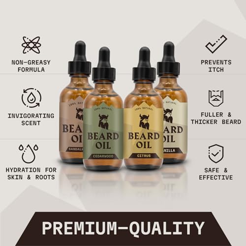 Beard Oil Set - Sandalwood, Vanilla, Cedarwood & Citrus Scents - 2 Fl Oz (Pack of 4)