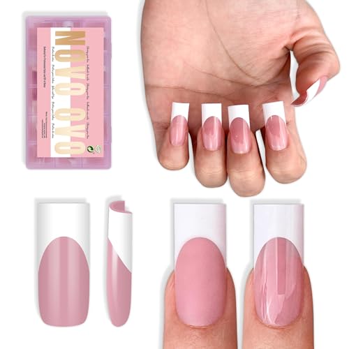 NOVO OVO Sharp Square White French Tip Nail Tips Berry Pink Set – Medium, 15 Sizes, Thick Soft Gel Fake Nails for Salon & DIY