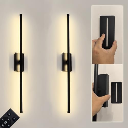 Black 28 Inch Set of 2 Battery-Operated Wall Sconces - Wireless, Dimmable, Magnetic Mount
