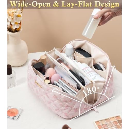 Travel Makeup Bag, 3 Pcs Large Capacity Puffy Toiletry Bag for Women, Open Flat Make up Cosmetic Organizer w/Handle & Clear Divider Water-resistant Portable Pouch Travel Essentials, L-Pink Rose
