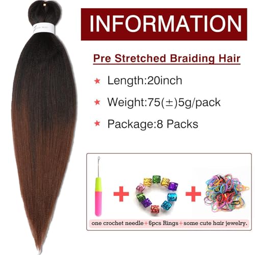 ShowCoco 20 Inch Ombre Pre-Stretched Braiding Hair Extension #1B/30 Pack of 8 for Crochet & Twist Styles