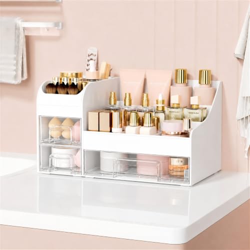 Mriluvy Extra Large White Clear Makeup Organizer with 3 Drawers & Brush Holder