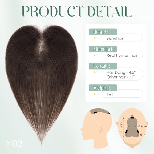 Dark Brown Human Hair Topper with Bangs - 11 Inch Clip-In Hairpiece for Thinning Hair, Side Bang Style