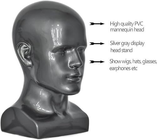 Black PVC Mannequin Head for Display - Grey Variation, 34cm
