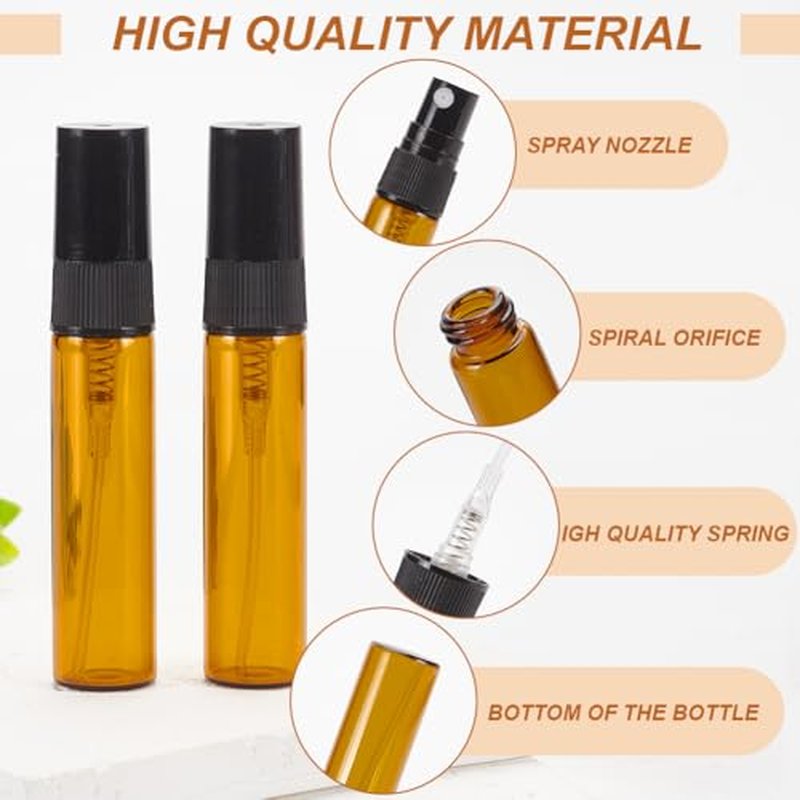 BENECREAT 30pcs 5ml/0.17 oz Mini Amber Glass Spray Bottle, Refillable Fine Mist Sample Bottle Small Travel Spray Bottle for Perfume, Liquid Cosmetics, Essential Oils