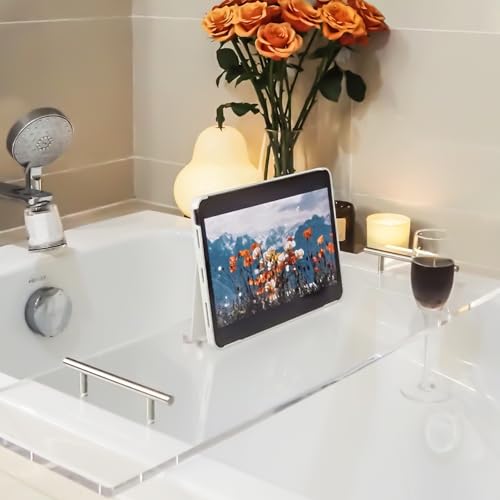 Acrylic Bathtub Caddy Tray - 39.37 x 9.45 Inch Transparent Bath Table with Book & Wine Holder
