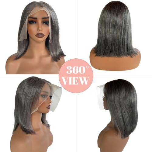 Straight Salt & Pepper Grey Short Bob Lace Front Wig 12 Inch - No Shedding
