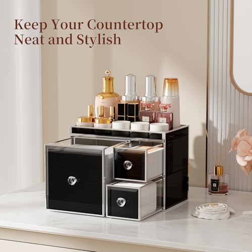 Multifunctional Face Towel Holder with 3 Drawers ? Tempered Glass Cotton Pad & Swab Organizer ? Disposable Face Towel Holder for Bathroom Vanity