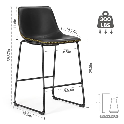 Sweetcrispy Set of 2 Black Faux Leather Bar Stools with Metal Legs - Counter Height