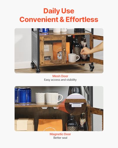 Farmhouse Coffee Bar Cabinet with Wheels & Mesh Doors - Rustic Kitchen Storage