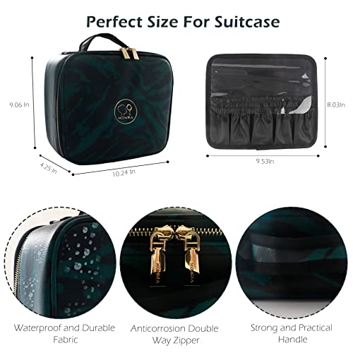 MOMIRA Makeup Bag with Mirror and Light Travel Makeup Train Case Cosmetic Organizer Portable Artist Storage Bag with Adjustable Dividers Makeup Brushes Storage Organizer Zebra-Green