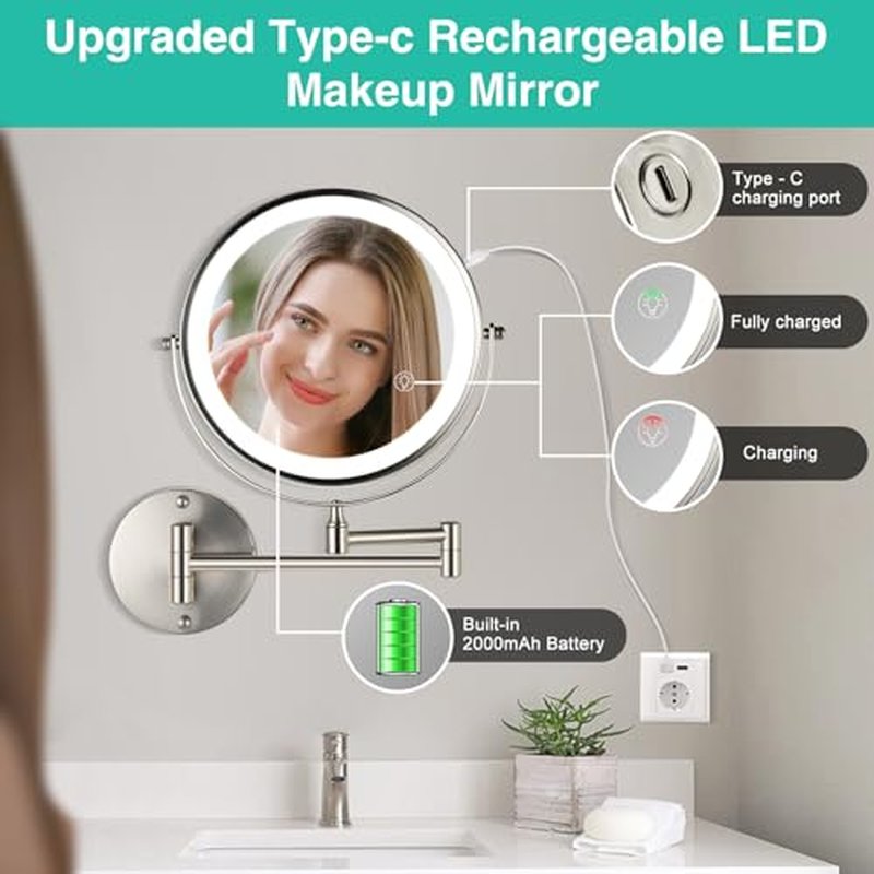 30X/1X Lighted Makeup Mirror with Magnification, 8.5inch 3000mAh Rechargeable Magnifying Mirror with Light, 3 Color Lights,Touch Dimmable,Extended Arm 360 Rotation Wall Mounted Makeup Mirror