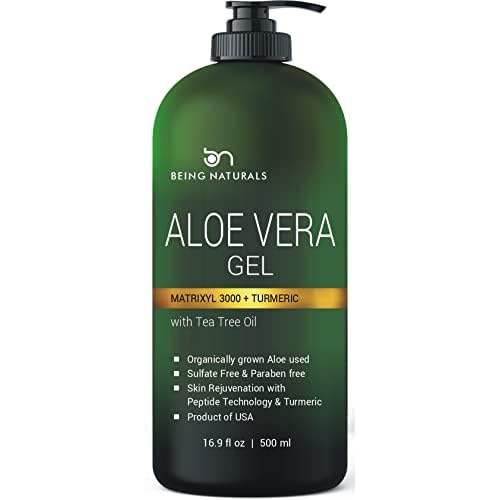 Aloe vera Gel - from 100% Pure Organic Aloe Infused with Matrixyl 3000 (Peptides), Turmeric - Natural Raw Moisturizer for Face, Body, Hair. Perfect for Sunburn, Acne, Razor Bumps 16.9 fl oz