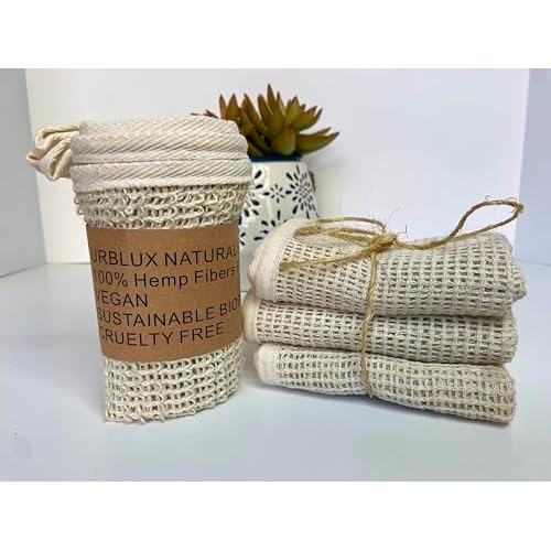 Natural Hypoallergenic Hemp Washcloth Exfoliating Towel Set; Bath & Shower (12x12) Body Face Cloth; Breathable Fast Drying Naturally Odor Free (3PK)