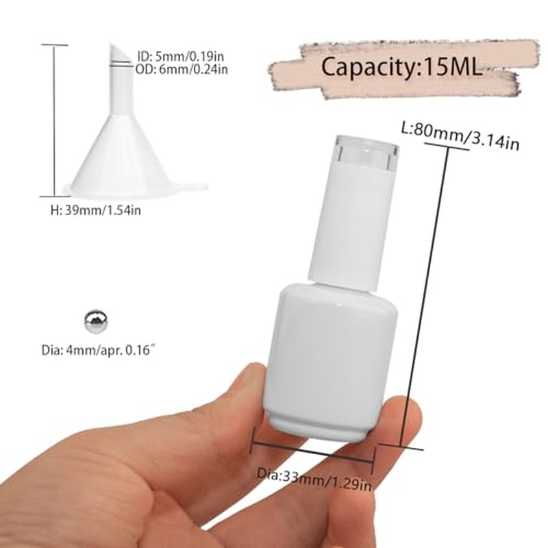 Empty Gel Nail Polish Bottles, 15ML Empty Nail Polish Bottles with Transparent Top,Opaque Round Refillable Fingernail Polish Bottles UV Safe with Mixing Balls & Funnels, Pack of 6 (WHITE)