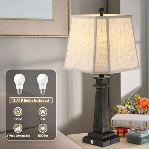 Farmhouse Black Table Lamps Set of 2 - 27.5 inch Touch Dimmable Nightstand Lamps with USB Ports - Vintage Linen Shade