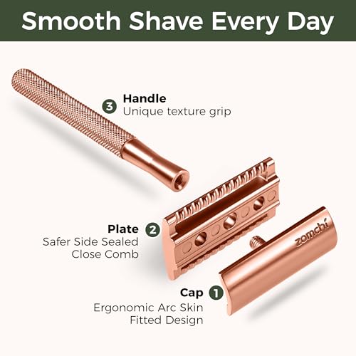 Double Edge Safety Razor Kit with Stand - Rose Gold Men & Women Shaving Set