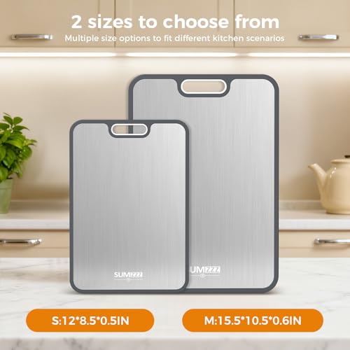 Sumzzz Titanium Cutting Board 2in1 Dual-Sided (Titanium + PP) Set of 2, 15.5 x 10.5 / 12 x 8.5 in - Silver