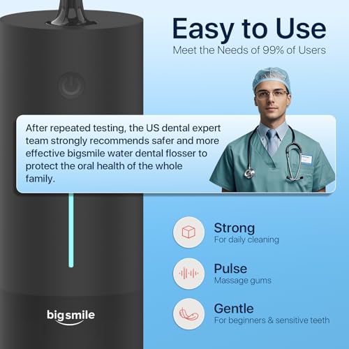 Bigsmile Portable Cordless Water Flosser Black for Travel & Kids Braces, IPX7 Waterproof