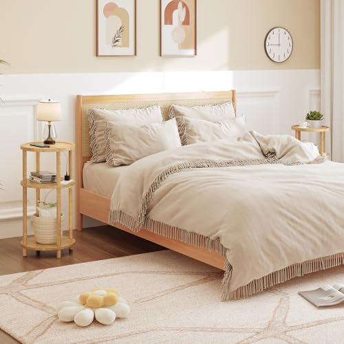 Natural Bamboo Side Tables Set of 2 with Charging Station - Compact End Tables for Living Room & Bedroom, Easy Assembly