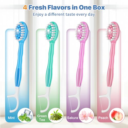 GoFujuco 70-Pack 5-in-1 Disposable Travel Toothbrush with Floss & Tongue Scraper