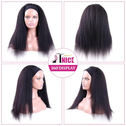 20 Inch Kinky Straight Human Hair Headband Wig for Black Women - Natural Brazilian Virgin Hair, Glueless, Tangle-Free, Styleable